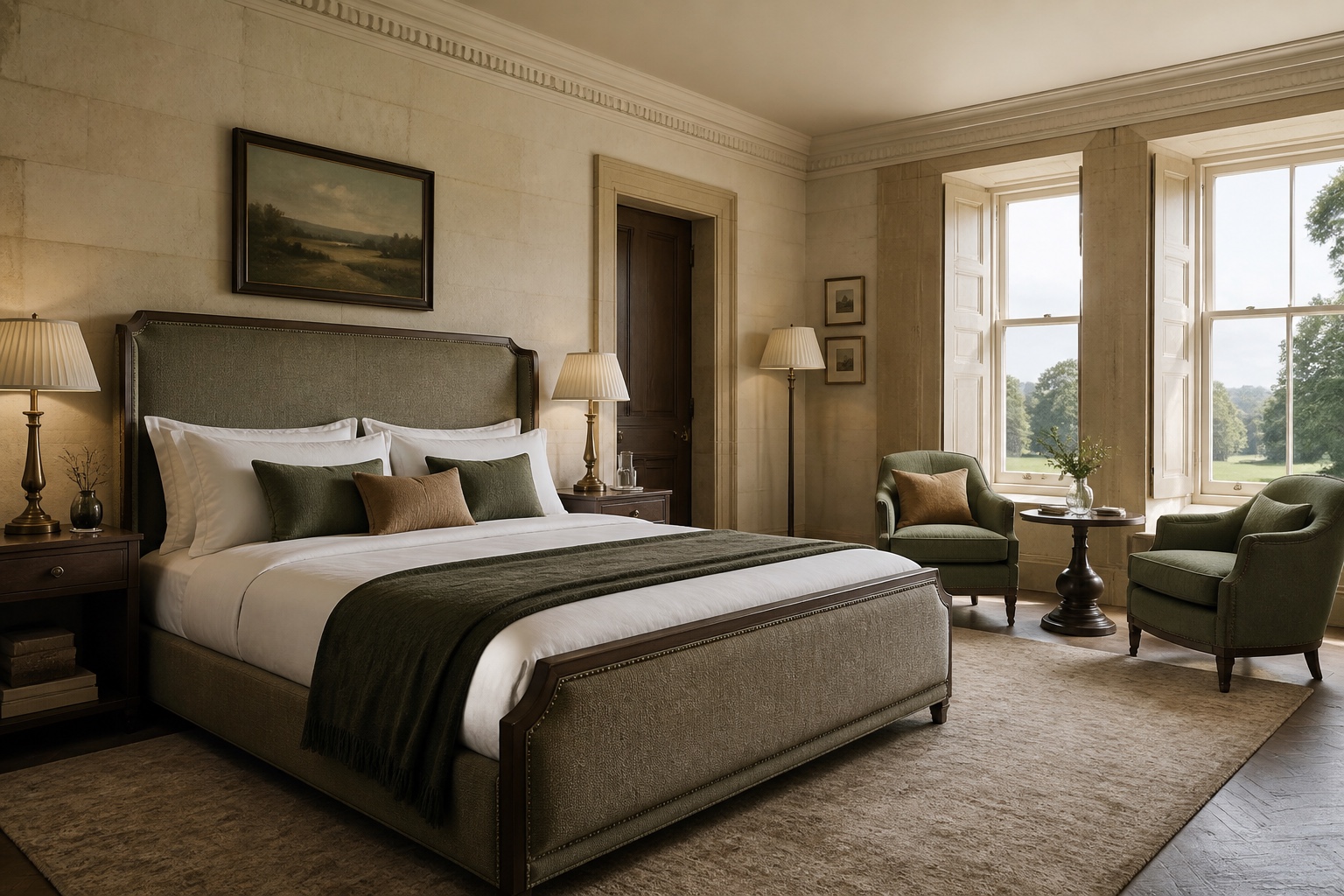 Composition éditoriale intérieure représentant une élégante chambre de country house anglaise avec lit à baldaquin et lumière naturelle douce