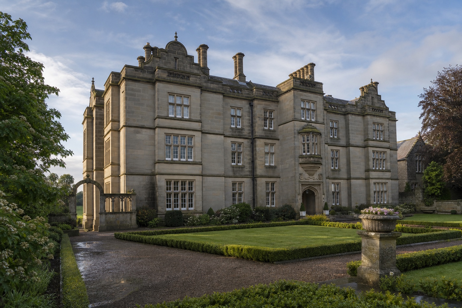 Interprétation éditoriale de la façade sud de Matfen Hall vue depuis un jardin formel en plein jour